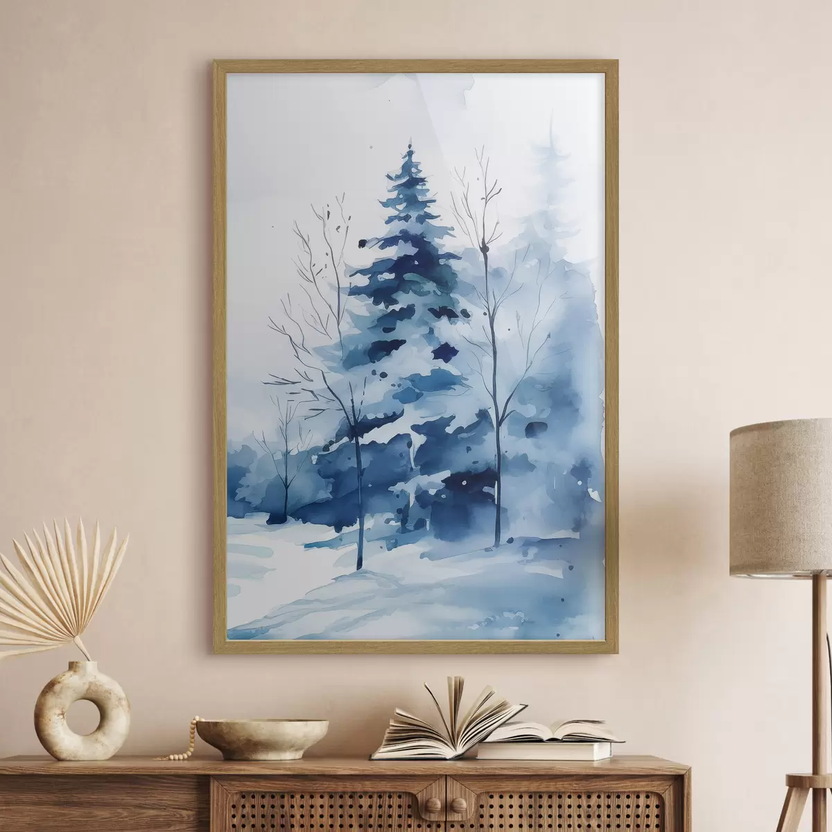 Poster Sapin dans une forêt en hiver, imitation aquarelle f46964