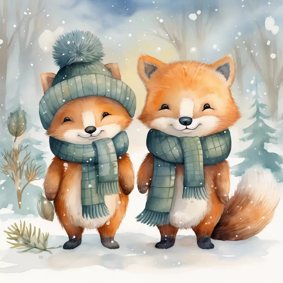 Papier peint Deux petits renards, imitation aquarelle f46969