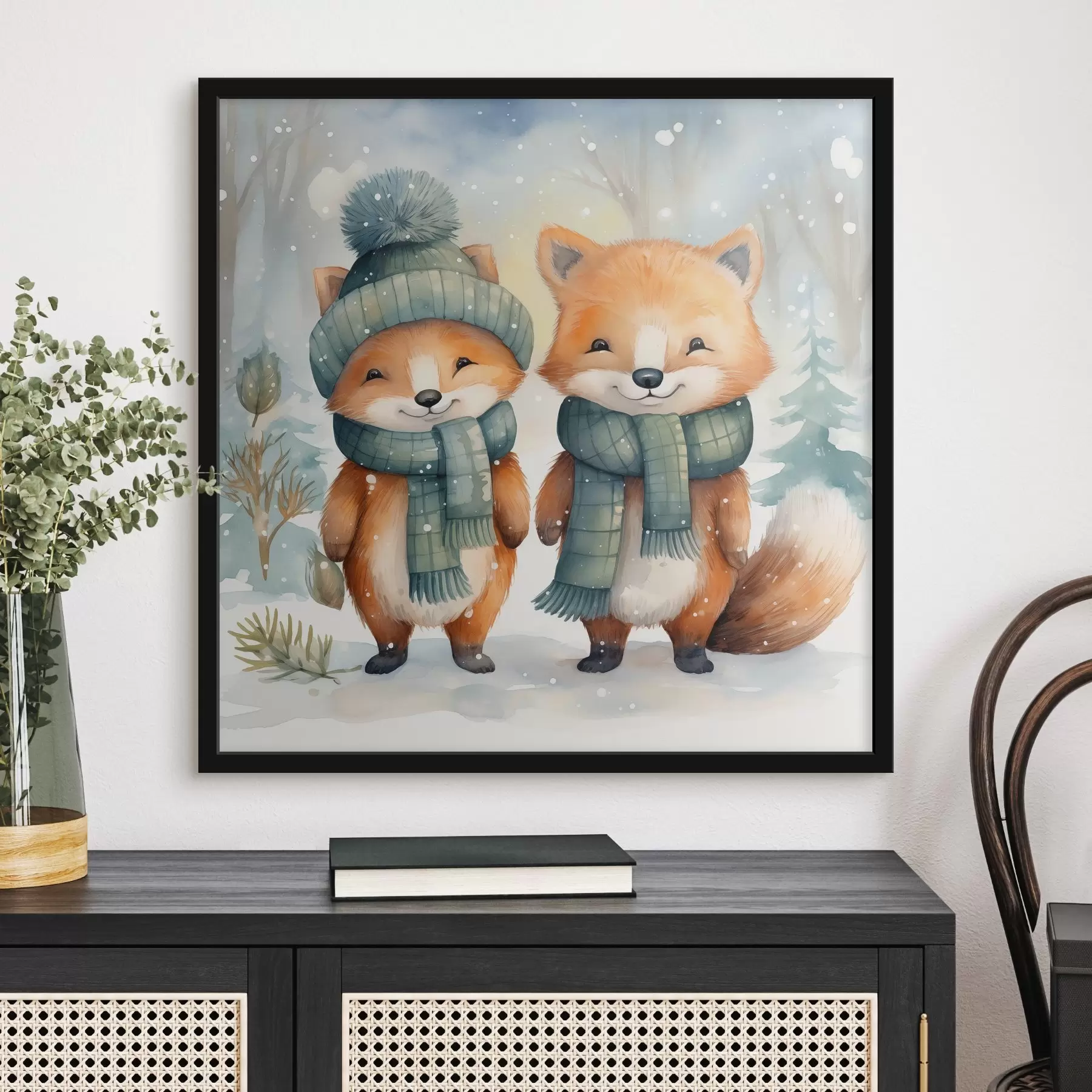 Papier peint Deux petits renards, imitation aquarelle f46969