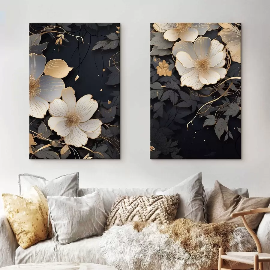 Tableau Grandes fleurs abstraites sur fond sombre m01066