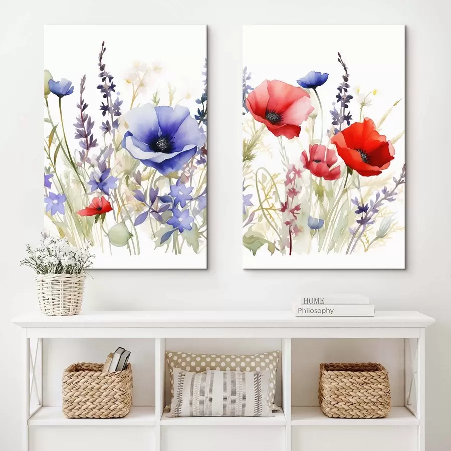 Tableau Coquelicots dans un champ, effet aquarelle m01067