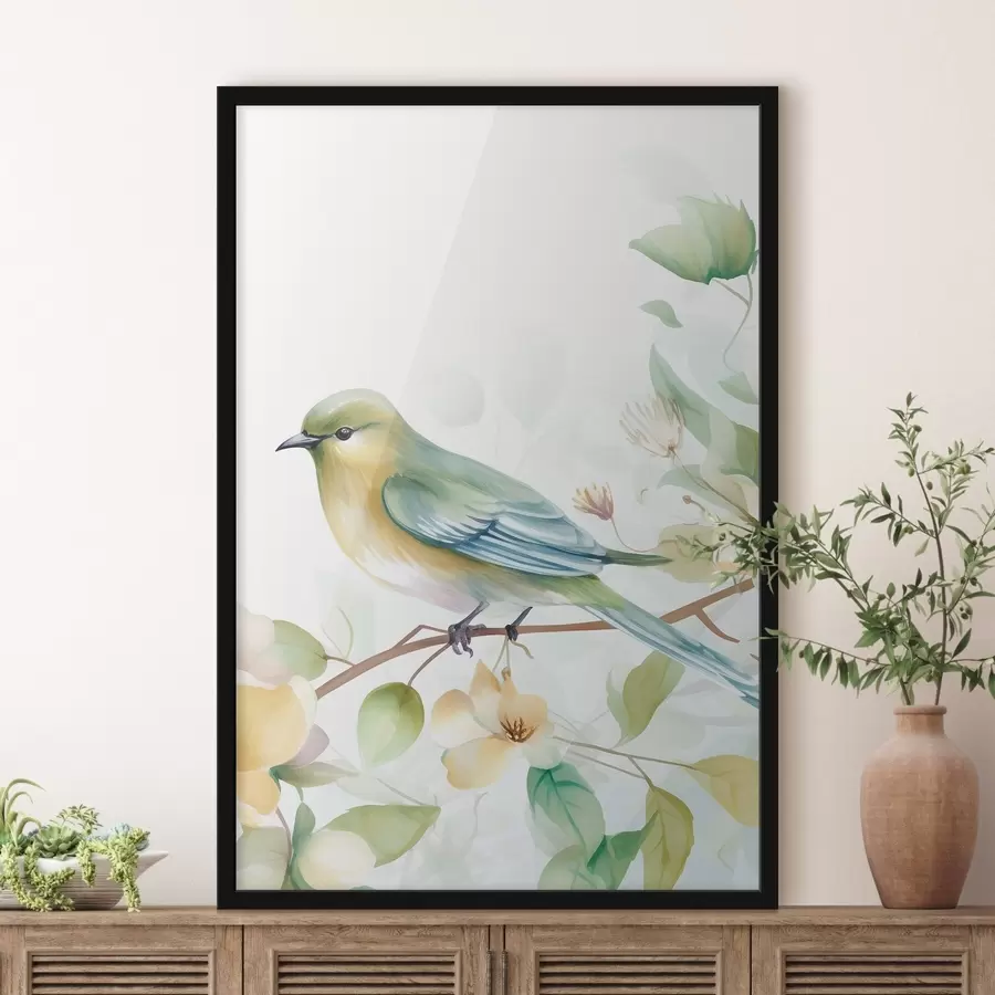 Papier peint Mésange sur une branche, imitation aquarelle f46892