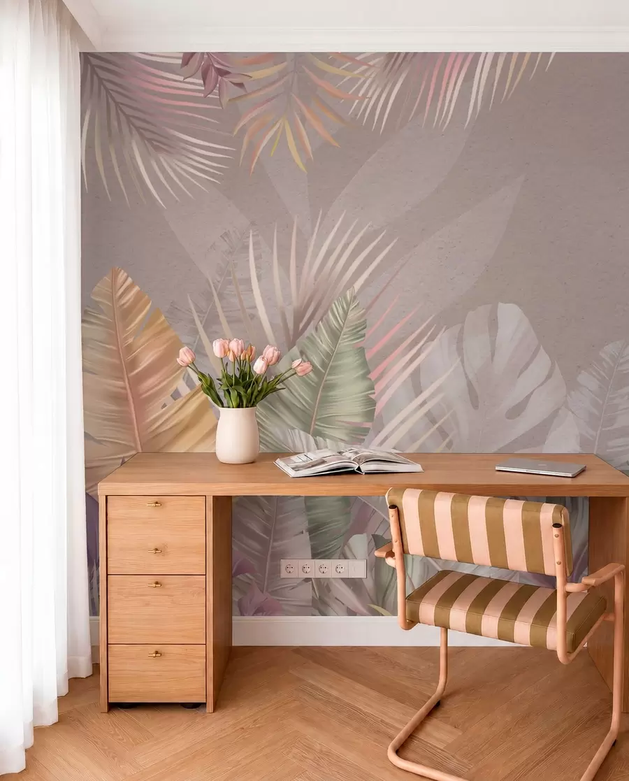 Papier peint Feuilles tropicales aux teintes pastel douces w01684