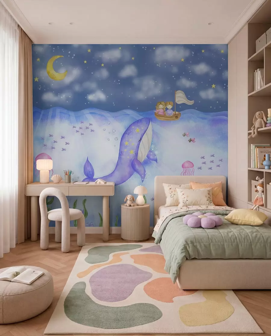 Papier peint Une baleine nage sous un ciel étoilé w01965