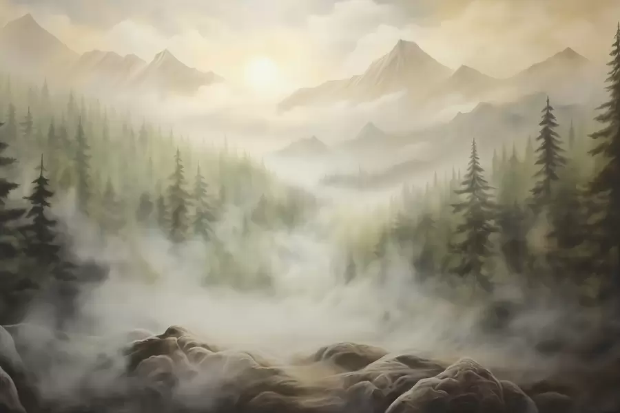 Papier peint Forêt dans le brouillard avec les montagnes en arrière-plan w04730