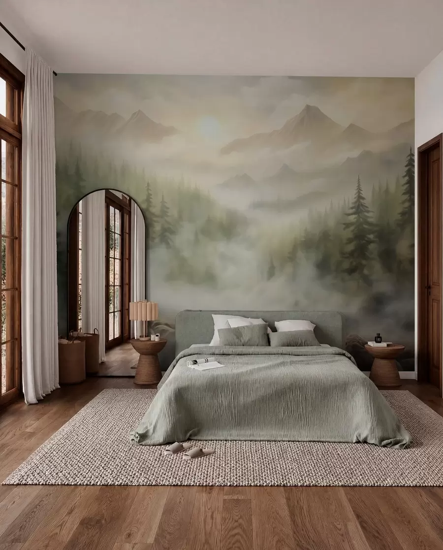 Papier peint Forêt dans le brouillard avec les montagnes en arrière-plan w04730