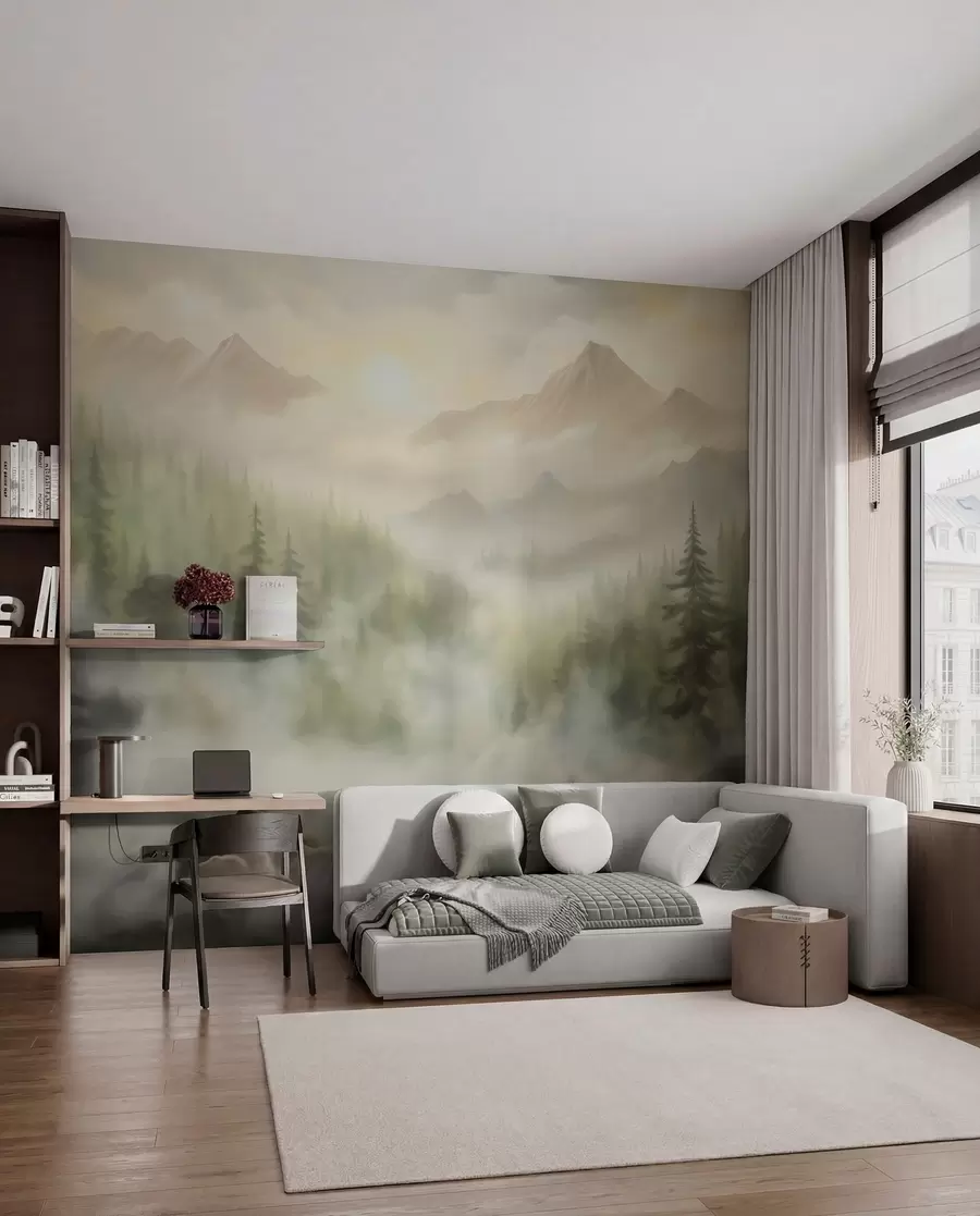 Papier peint Forêt dans le brouillard avec les montagnes en arrière-plan w04730