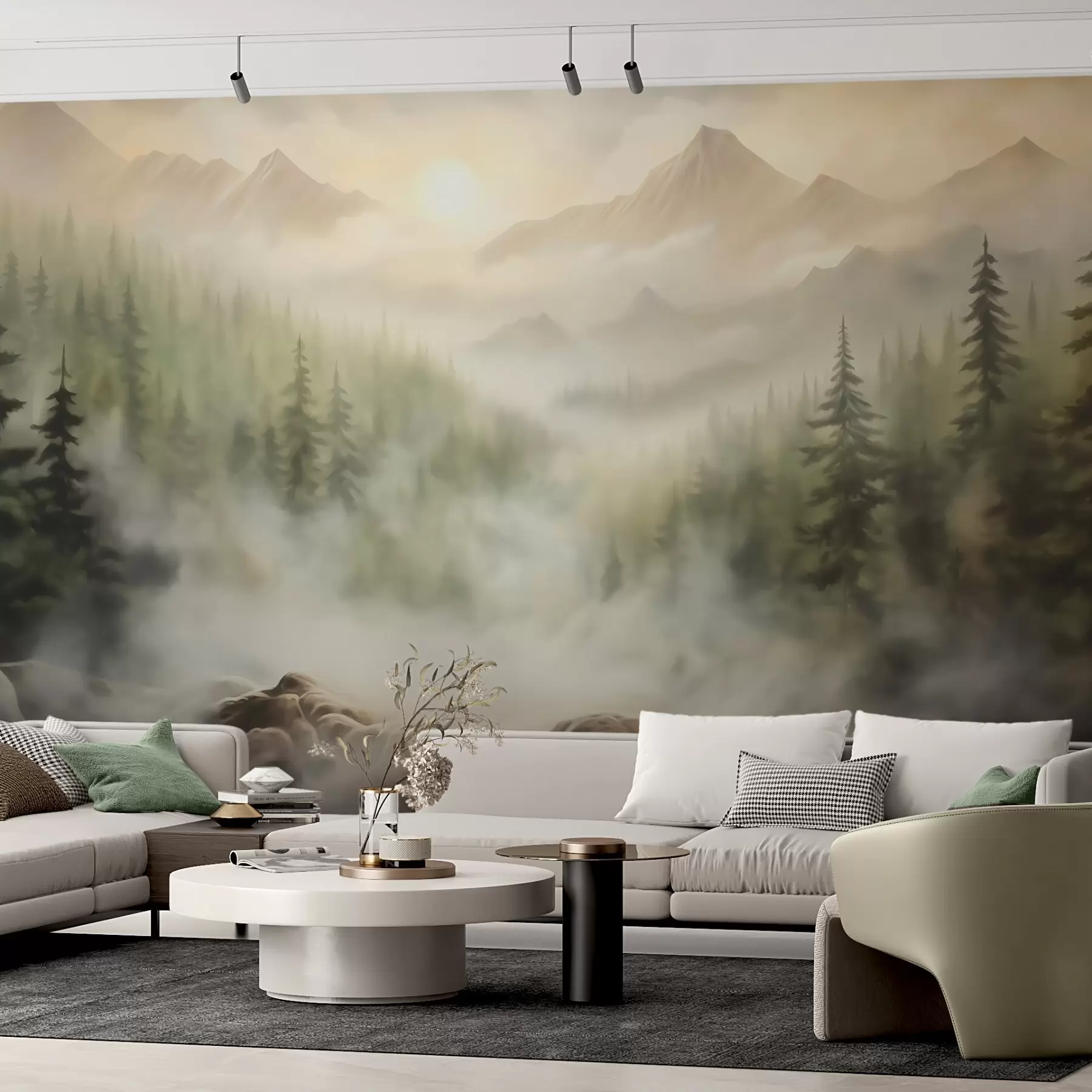 Papier peint Forêt dans le brouillard avec les montagnes en arrière-plan w04730