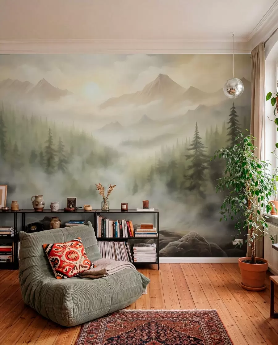 Papier peint Forêt dans le brouillard avec les montagnes en arrière-plan w04730