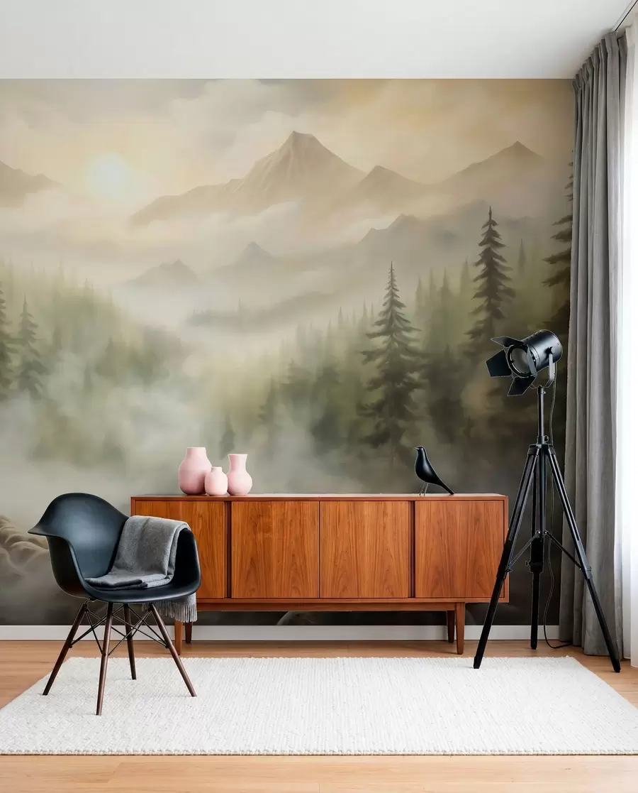 Papier peint Forêt dans le brouillard avec les montagnes en arrière-plan w04730