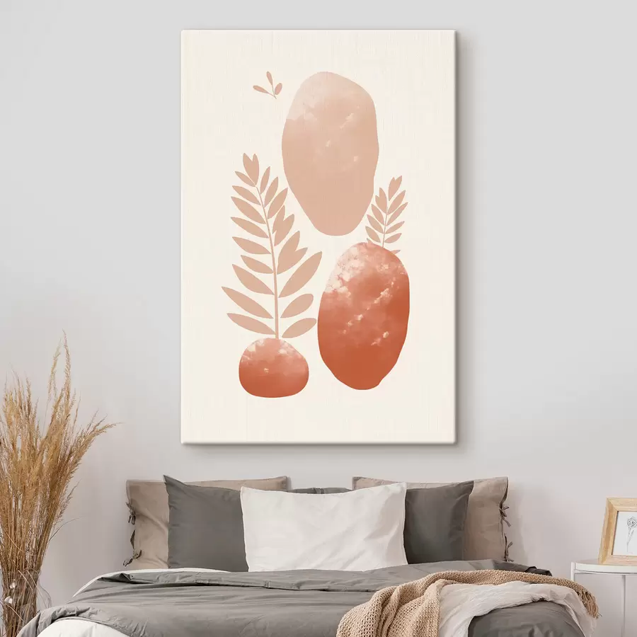 Tableau Formes abstraites, pierres texturées et feuilles dans des tons pêche et terre cuite discrets, minimalistes, fond crème. s47012