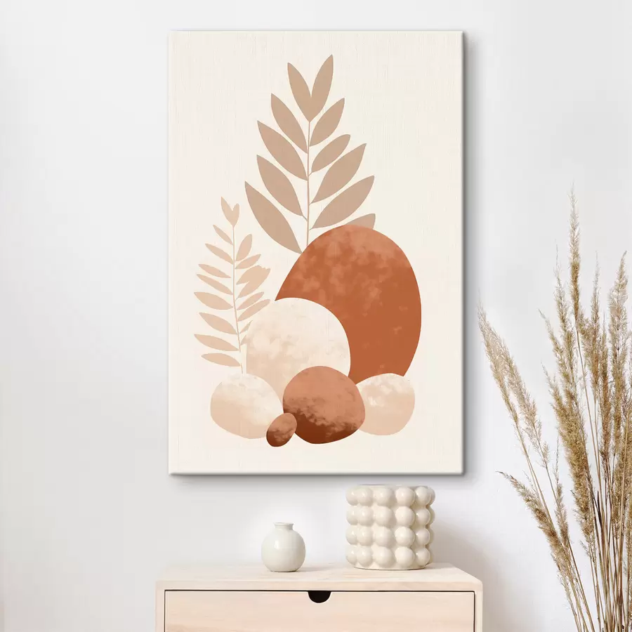 Tableau Formes abstraites, pierres texturées et feuilles dans des tons pêche et terre cuite discrets, minimalistes, fond crème. s47013