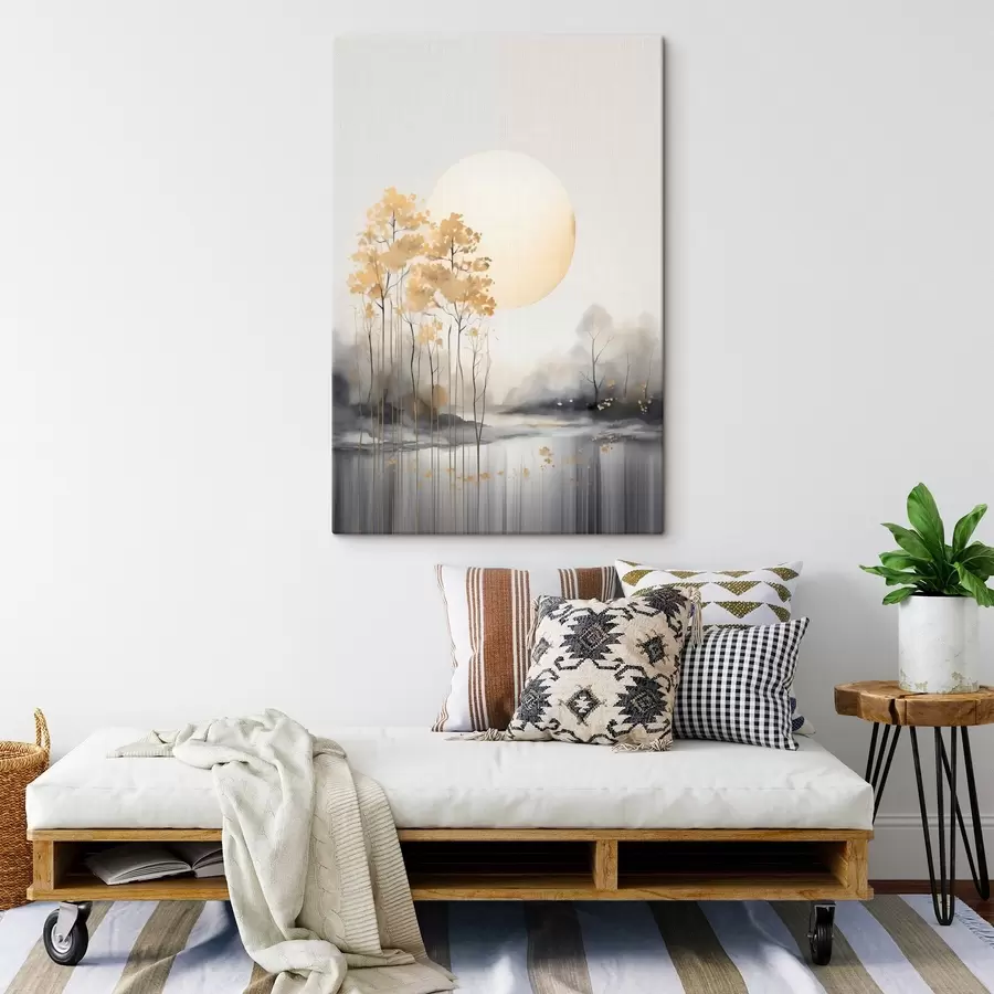 Tableau Paysage abstrait décoratif, grands arbres aux feuilles jaunes, une rivière et du brouillard en arrière-plan. s47014