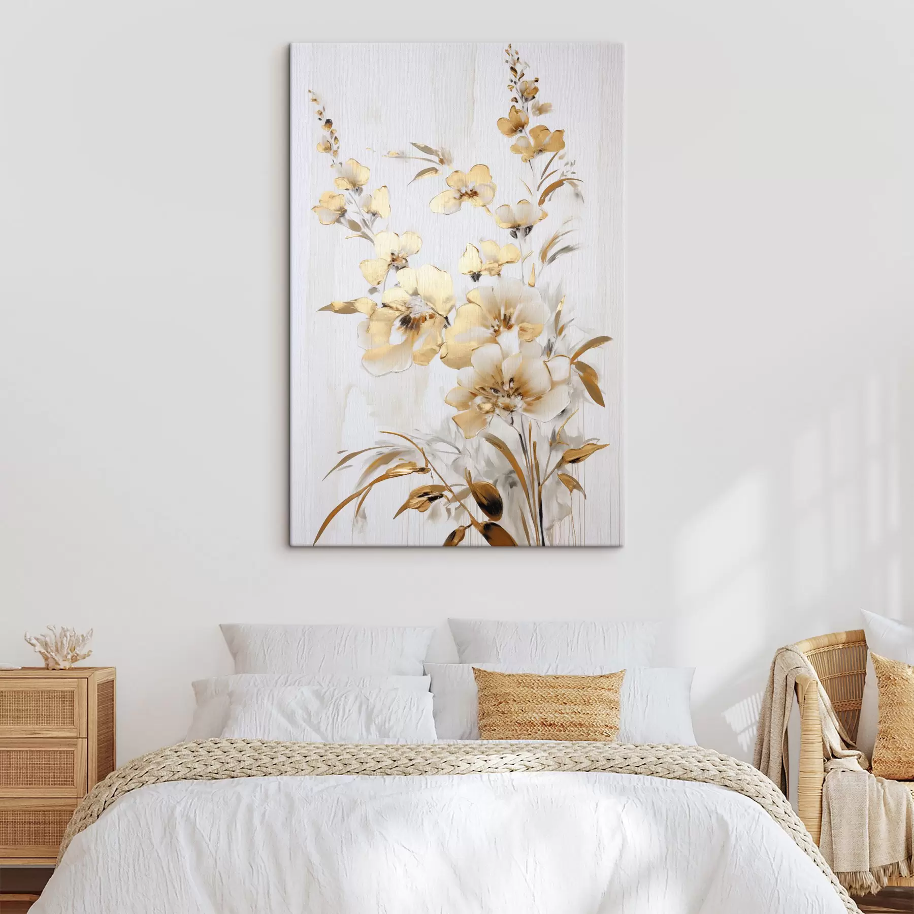 Tableau Fleurs et feuilles jaunes texturées sur fond blanc, avec des coups de pinceau délicats s47016