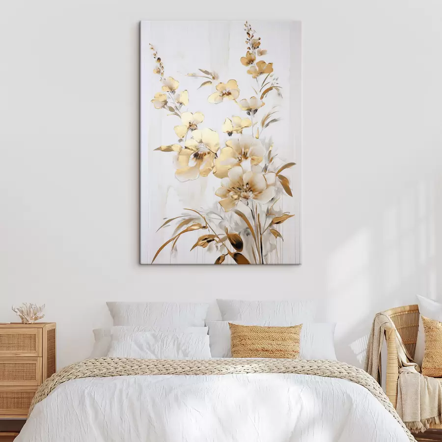 Tableau Fleurs et feuilles jaunes texturées sur fond blanc, avec des coups de pinceau délicats s47016