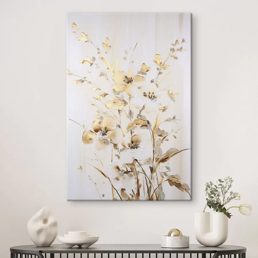 Tableau Fleurs et feuilles jaunes texturées sur fond blanc, avec des coups de pinceau délicats s47017