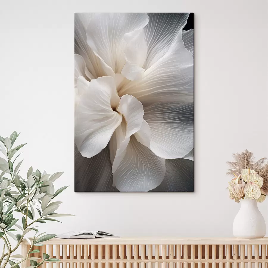 Tableau Gros plan sur de délicats pétales de fleurs blancs abstraits aux lignes complexes et au fond sombre flou s47018