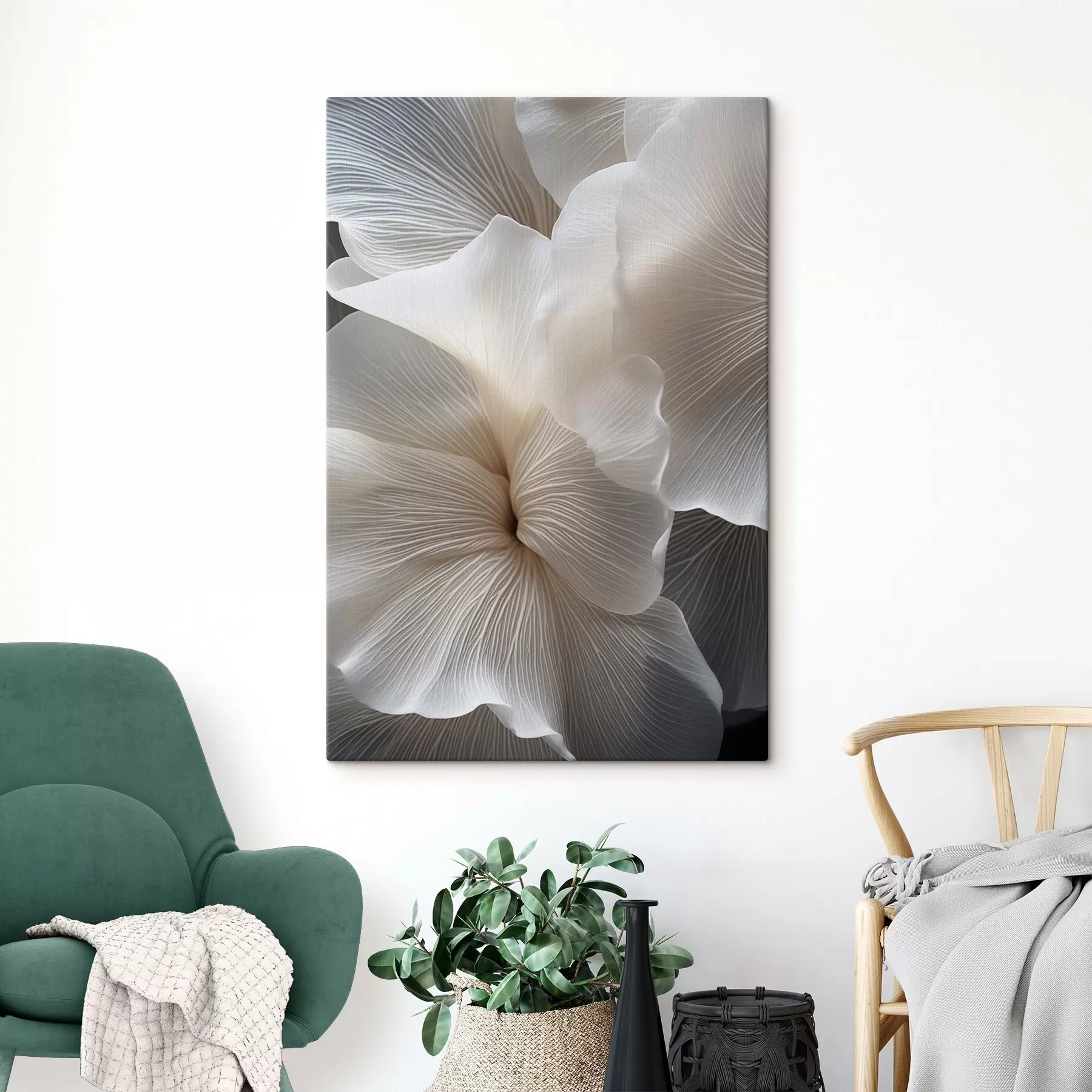 Tableau Gros plan sur de délicats pétales de fleurs blancs abstraits aux lignes complexes et au fond sombre flou s47019