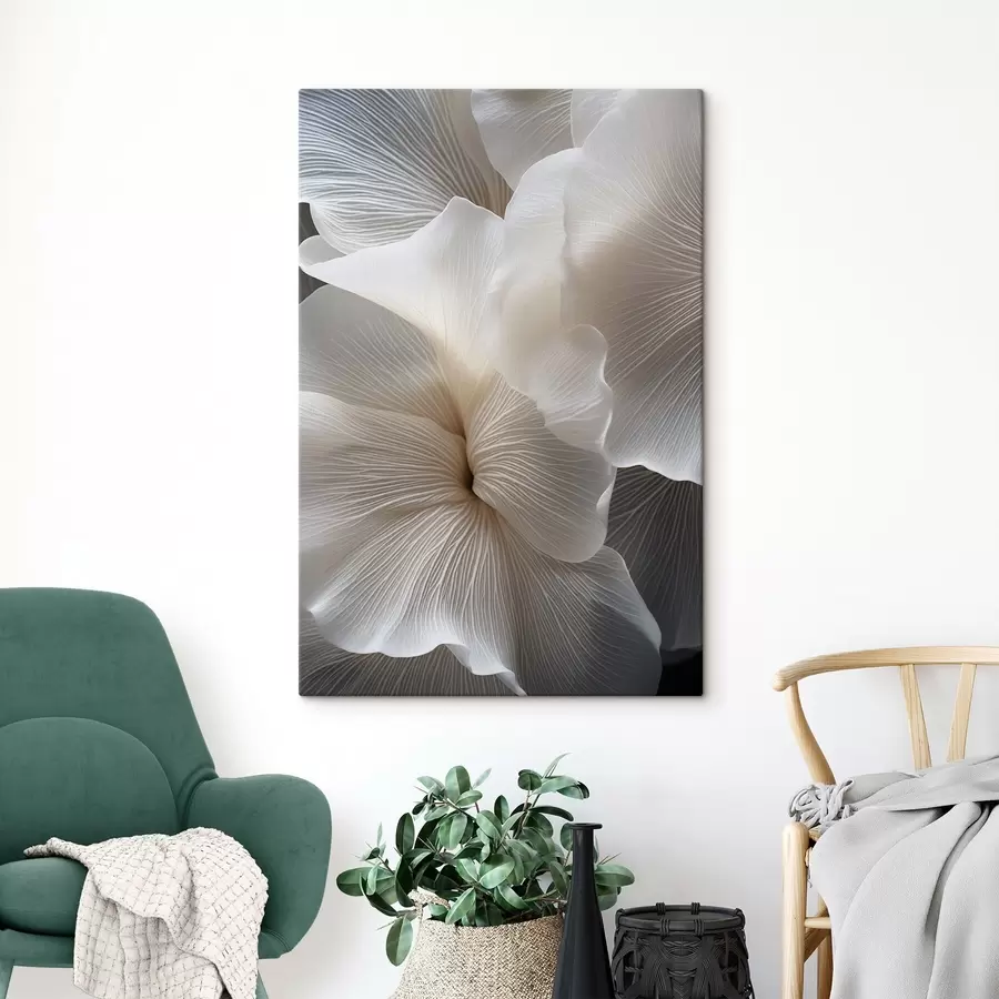 Tableau Gros plan sur de délicats pétales de fleurs blancs abstraits aux lignes complexes et au fond sombre flou s47019