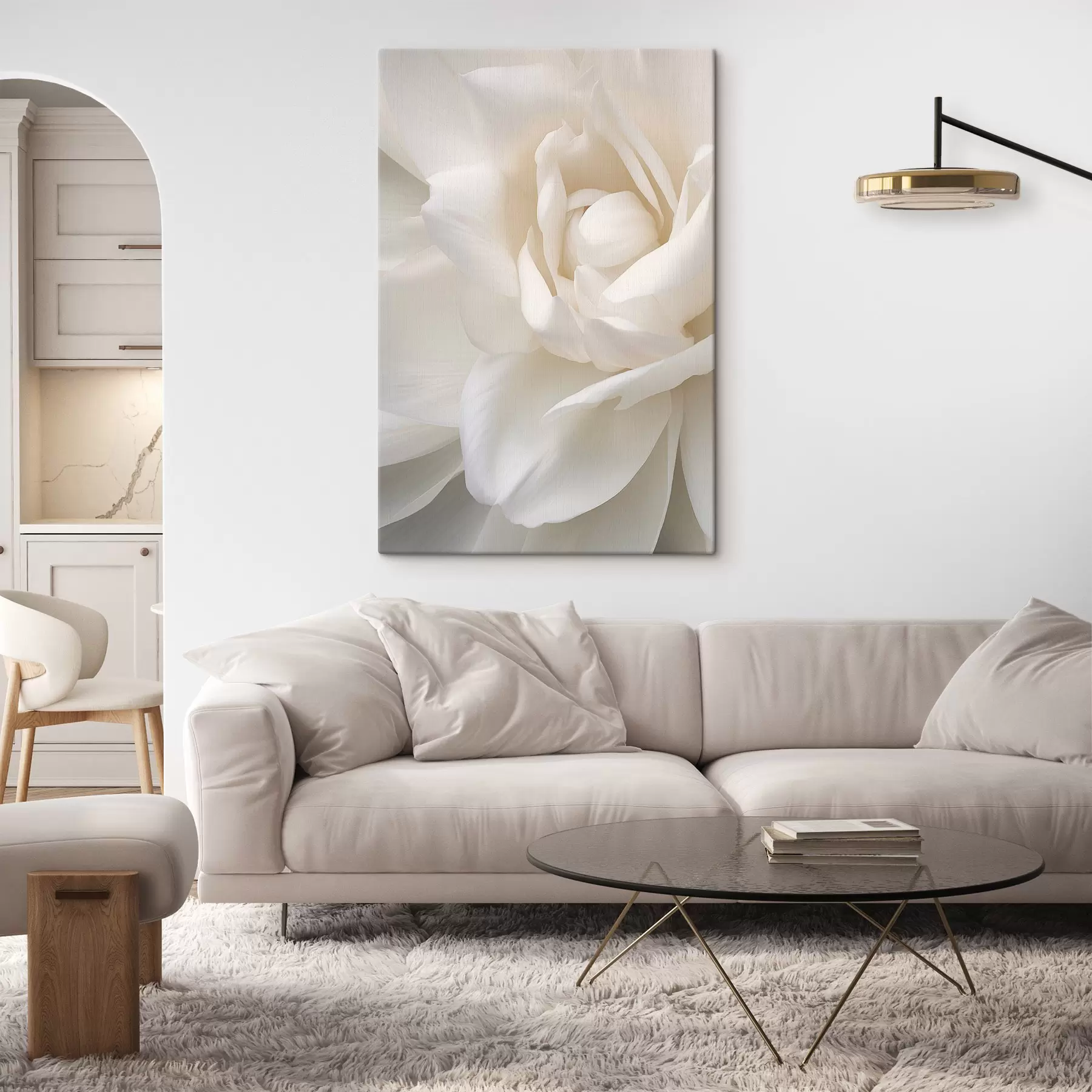 Tableau Fleur blanche abstraite aux pétales délicats et superposés, art minimaliste s47025