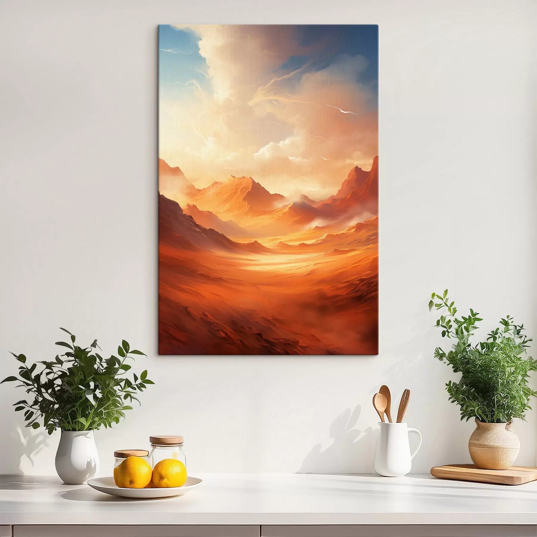 Tableau Un vaste paysage désertique orange avec des montagnes rocheuses imposantes sous un ciel brumeux et ensoleillé, parsemé de nuages vaporeux s47028