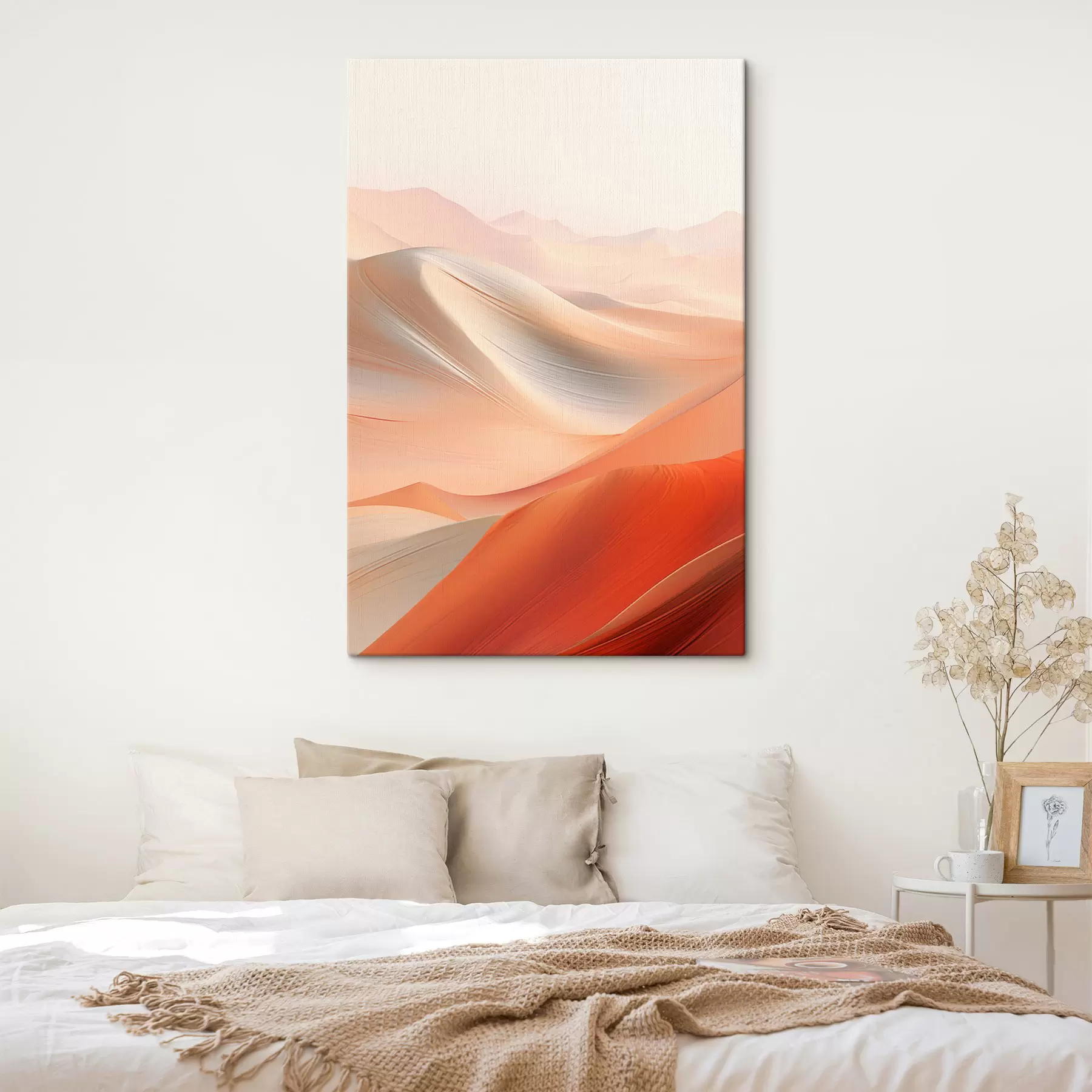 Tableau Paysage désertique abstrait avec des dunes de sable ondulantes dans des tons chauds orange et blanc s47030
