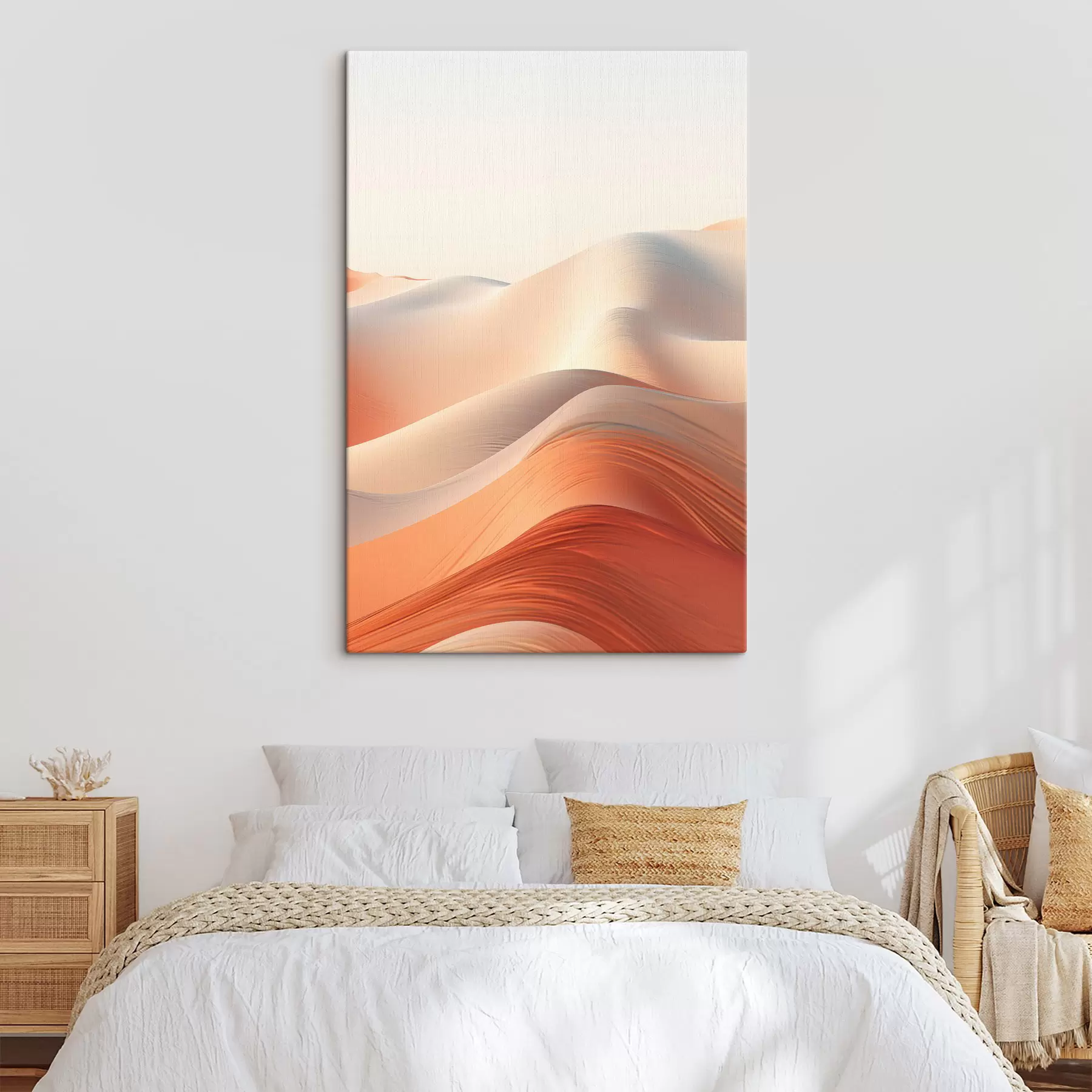 Tableau Paysage désertique abstrait avec des dunes de sable ondulantes dans des tons chauds orange et blanc s47031