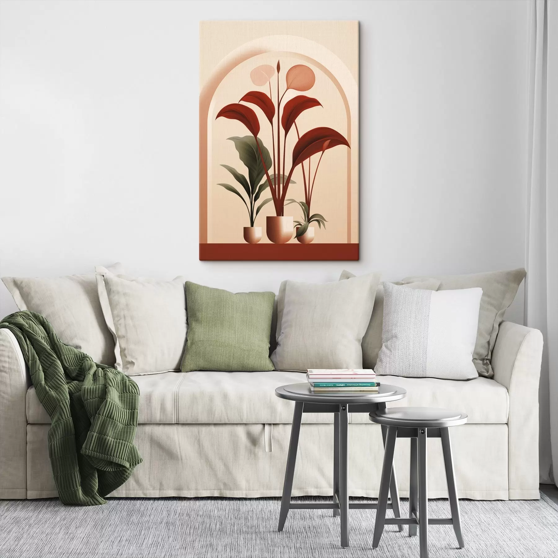 Tableau Plantes en pot abstraites avec de grandes feuilles vertes et rouges devant une arche de couleur crème s47033