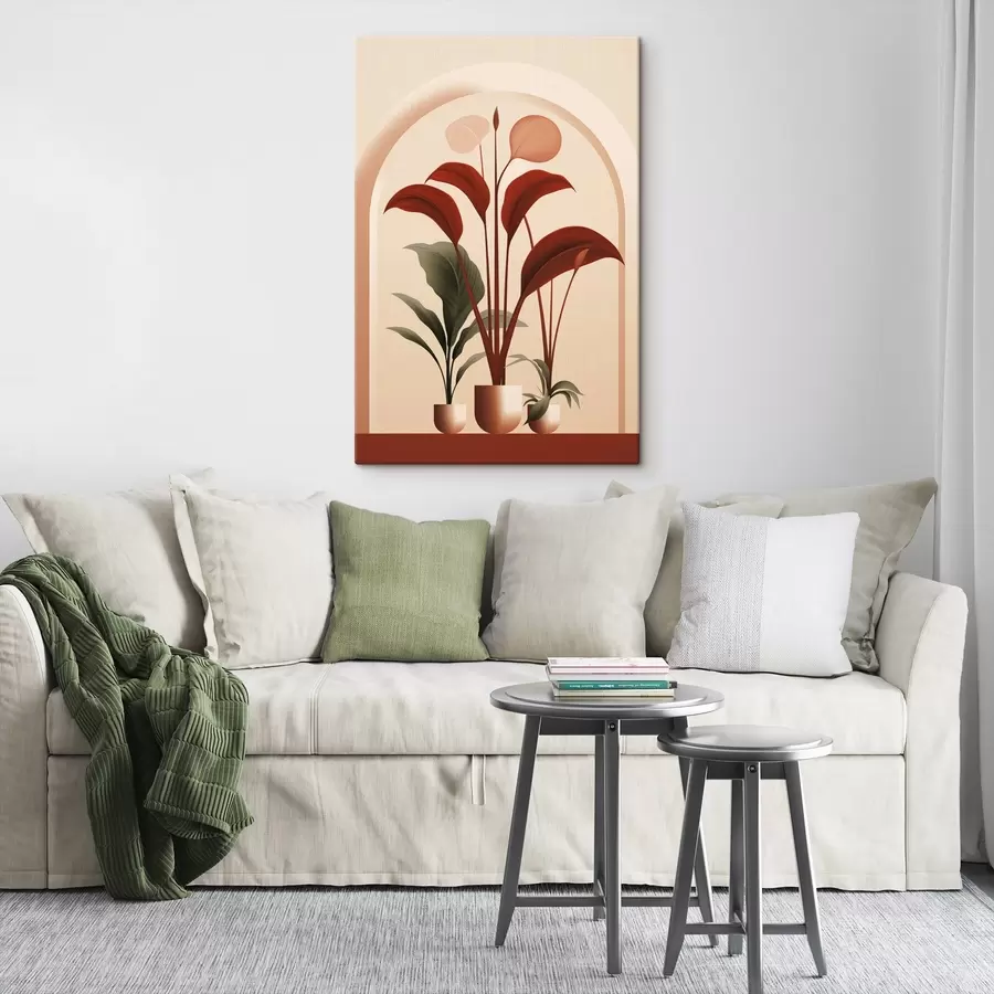 Tableau Plantes en pot abstraites avec de grandes feuilles vertes et rouges devant une arche de couleur crème. s47033