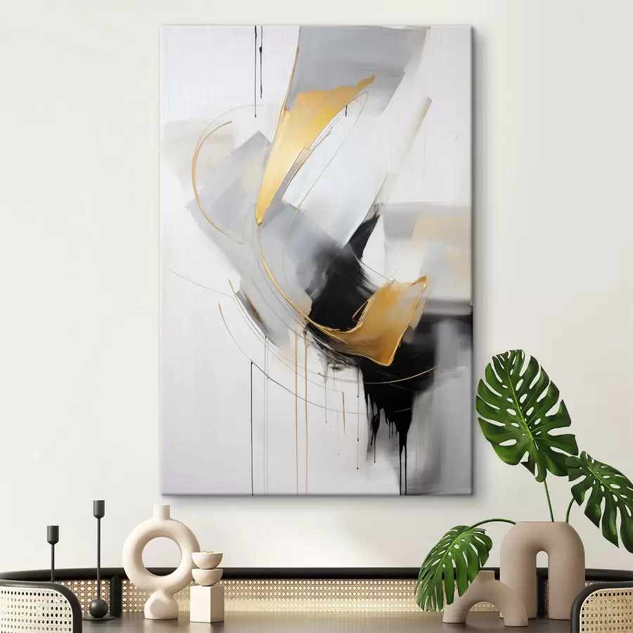 Tableau Peinture abstraite avec des touches de jaune, noir et blanc, lignes dynamiques s47034