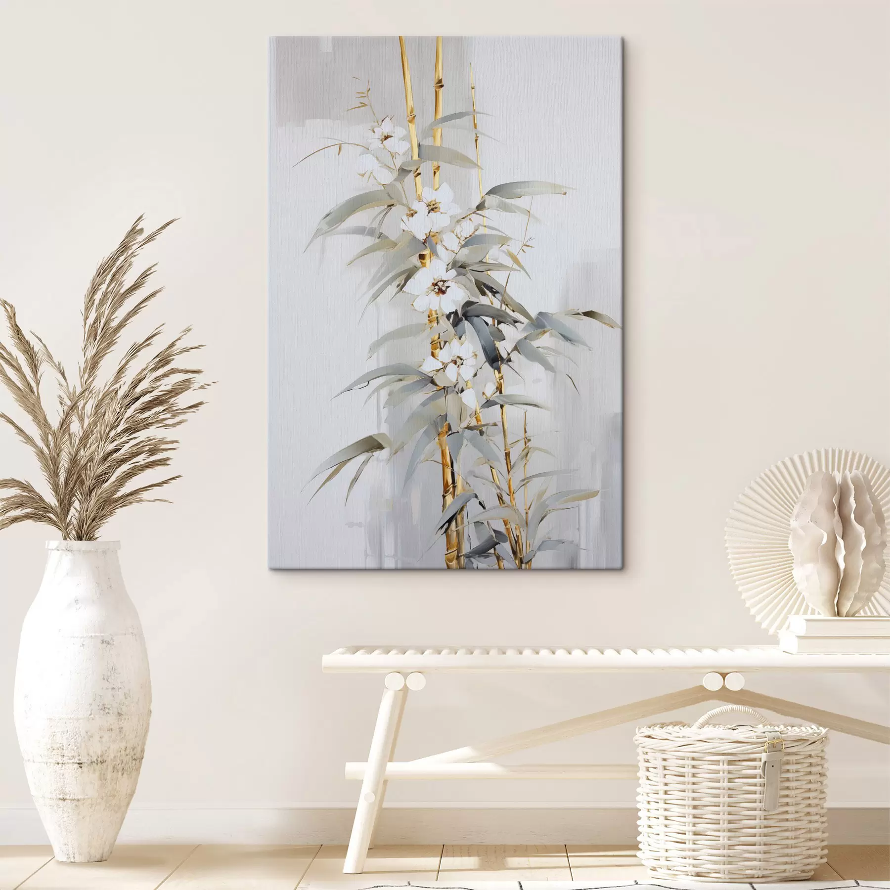 Tableau Tiges de bambou abstraites avec des accents jaunes, des fleurs blanches délicates et des feuilles vert pâle, fond gris s47039