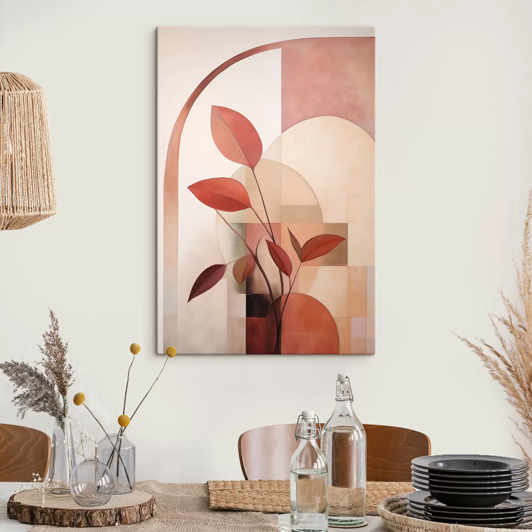 Tableau Plante abstraite aux feuilles rouges sur fond de formes géométriques et de couleurs douces et discrètes s47040