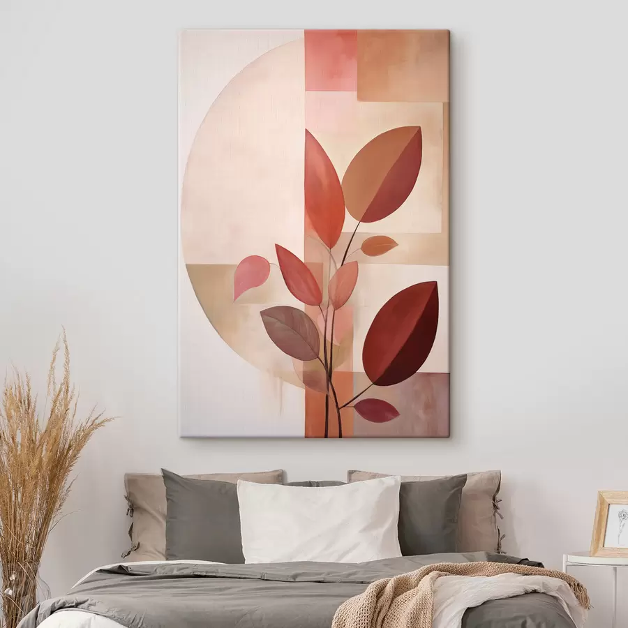 Tableau Plante abstraite aux feuilles rouges sur fond de formes géométriques et de couleurs douces et discrètes s47041