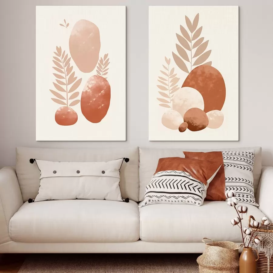 Tableau Formes abstraites, pierres texturées et feuilles dans des tons pêche et terre cuite discrets, minimalistes, fond crème. m01114