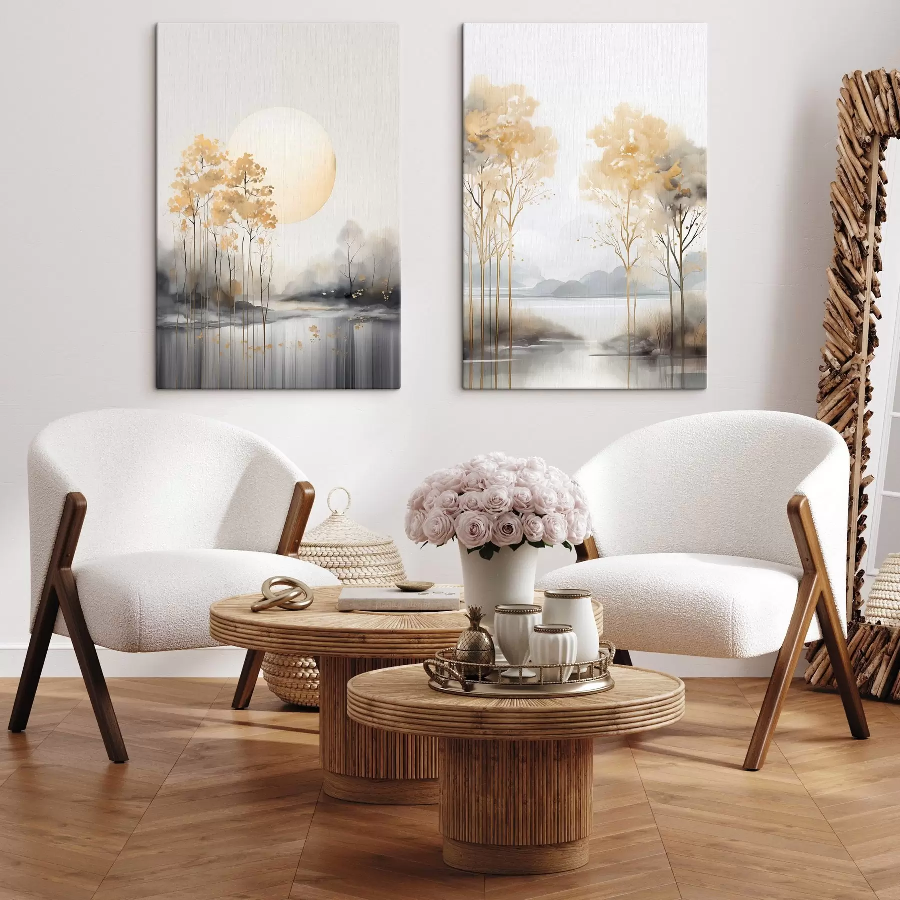 Tableau Paysage abstrait décoratif, grands arbres aux feuilles jaunes, une rivière et du brouillard en arrière-plan m01115