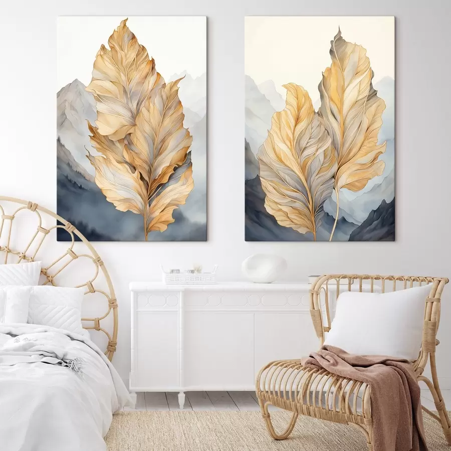 Tableau Feuilles abstraites, grandes, jaunes et brunes, aux détails complexes, sur fond de paysage montagneux. m01119