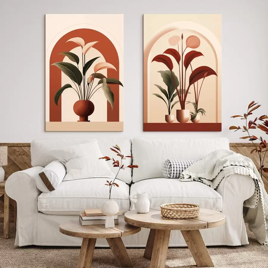 Tableau Plantes en pot abstraites avec de grandes feuilles vertes et rouges devant une arche de couleur crème. m01124