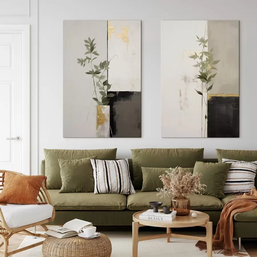 Tableau Une peinture minimaliste texturée représentant un vase avec des feuilles vertes sur fond de formes géométriques abstraites. m01126