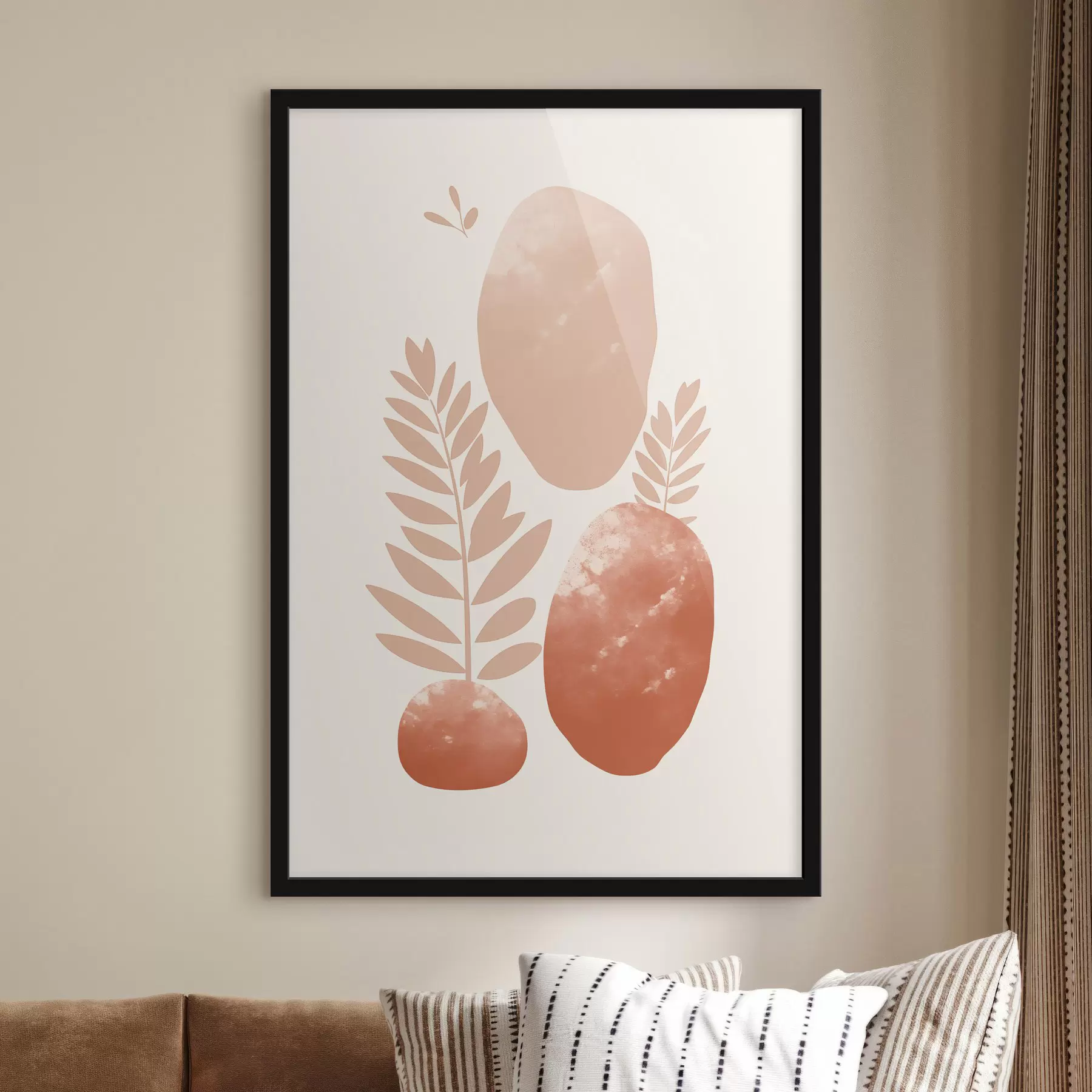 Papier peint Formes abstraites, pierres texturées et feuilles dans des tons pêche et terre cuite discrets, minimalistes, fond crème f47012