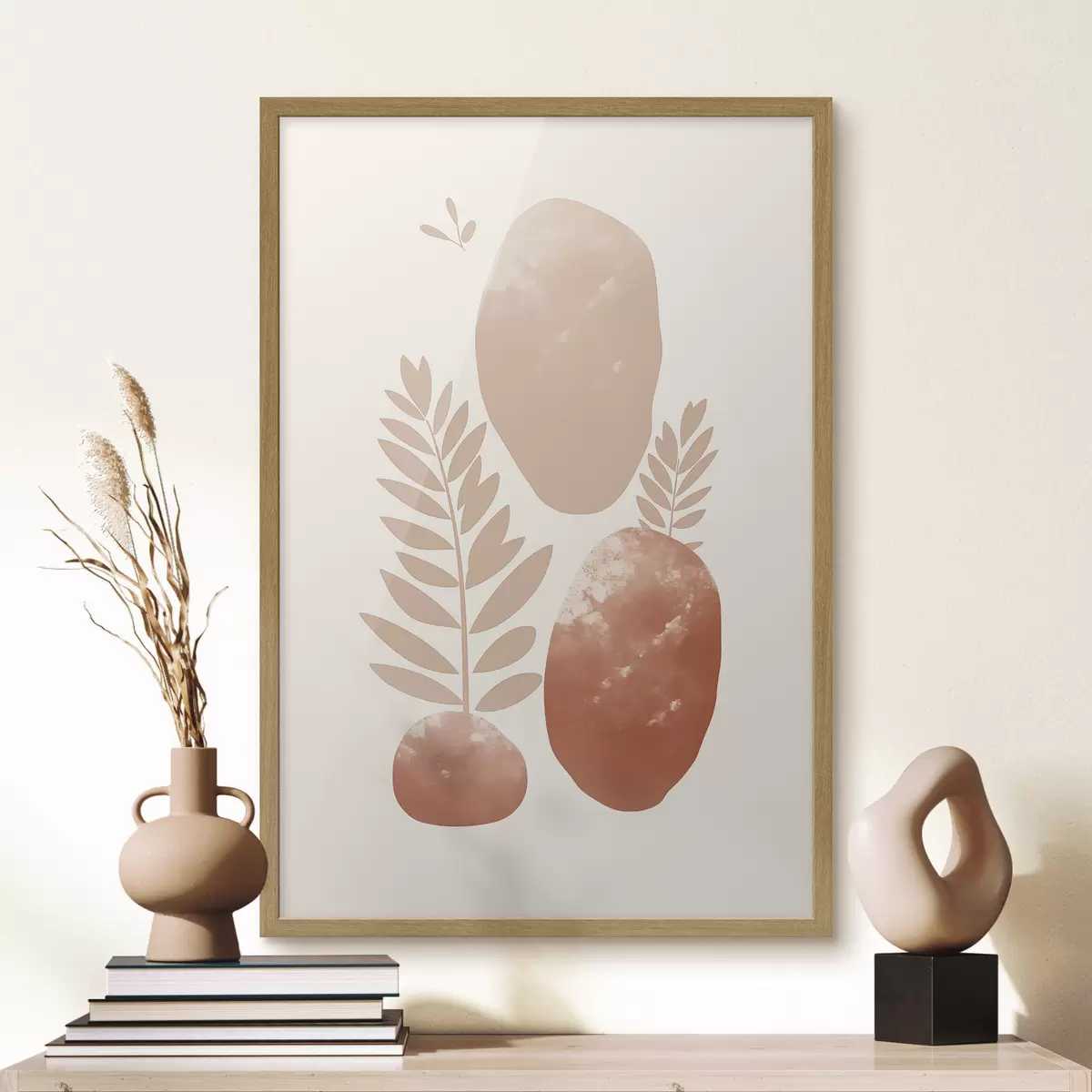 Poster Formes abstraites, pierres texturées et feuilles dans des tons pêche et terre cuite discrets, minimalistes, fond crème f47012