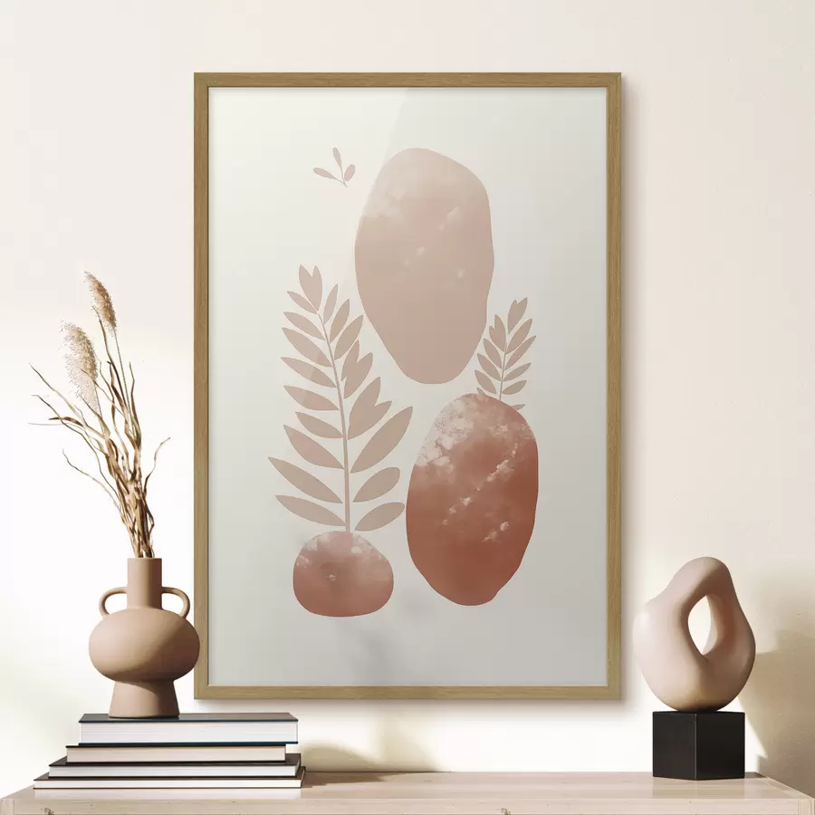Papier peint Formes abstraites, pierres texturées et feuilles dans des tons pêche et terre cuite discrets, minimalistes, fond crème f47012