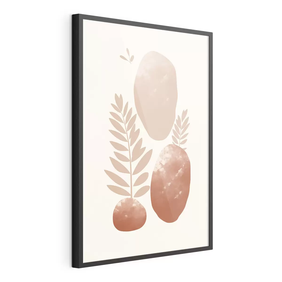 Poster Formes abstraites, pierres texturées et feuilles dans des tons pêche et terre cuite discrets, minimalistes, fond crème f47012