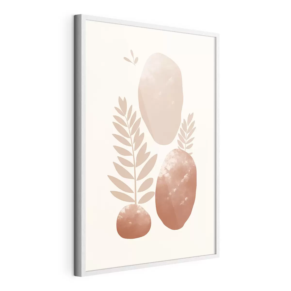 Poster Formes abstraites, pierres texturées et feuilles dans des tons pêche et terre cuite discrets, minimalistes, fond crème f47012