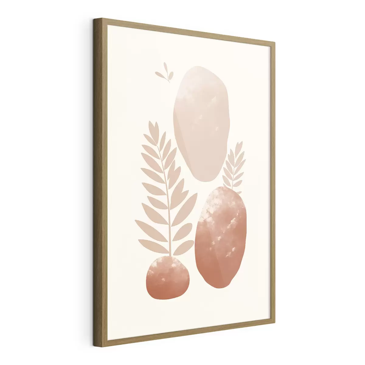 Poster Formes abstraites, pierres texturées et feuilles dans des tons pêche et terre cuite discrets, minimalistes, fond crème f47012
