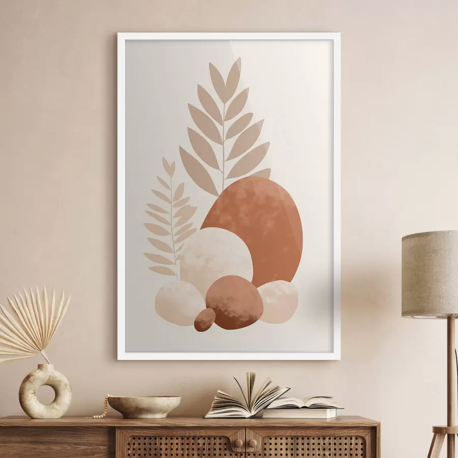 Papier peint Formes abstraites, pierres texturées et feuilles dans des tons pêche et terre cuite discrets, minimalistes, fond crème. f47013