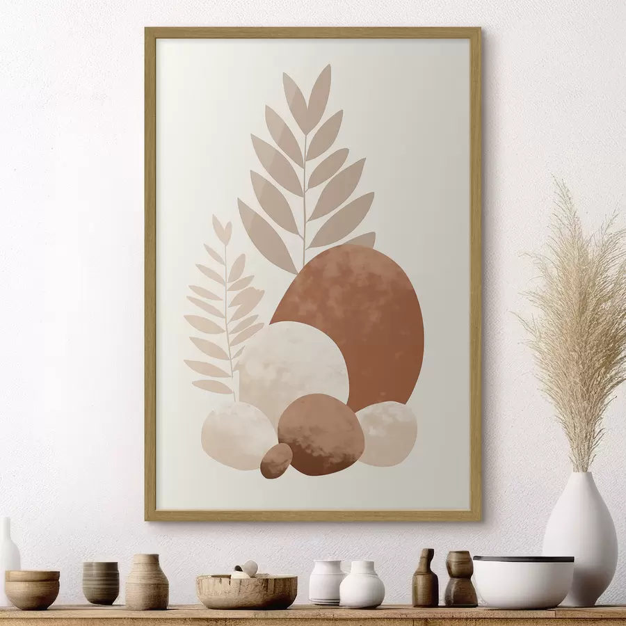 Papier peint Formes abstraites, pierres texturées et feuilles dans des tons pêche et terre cuite discrets, minimalistes, fond crème f47013
