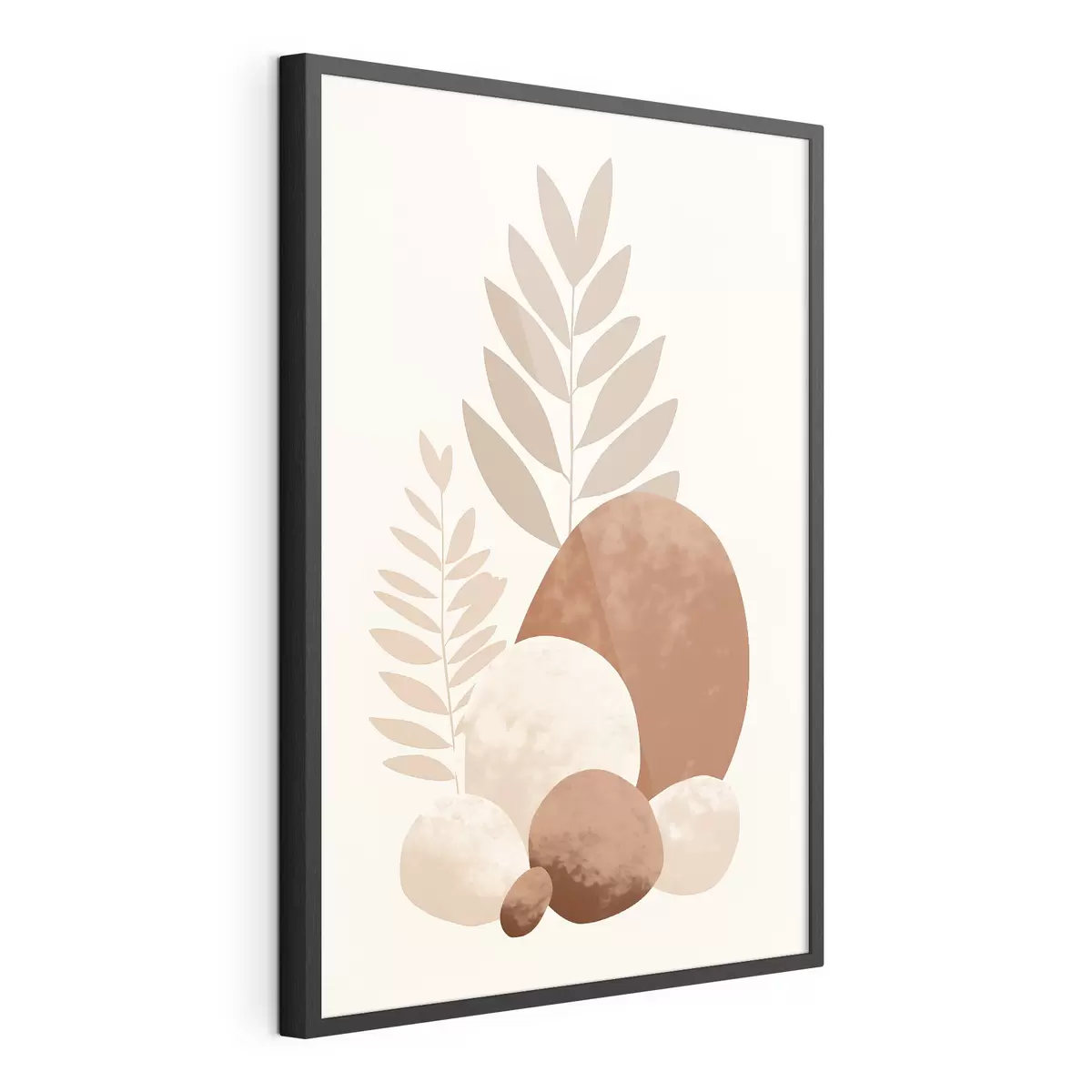 Poster Formes abstraites, pierres texturées et feuilles dans des tons pêche et terre cuite discrets, minimalistes, fond crème f47013