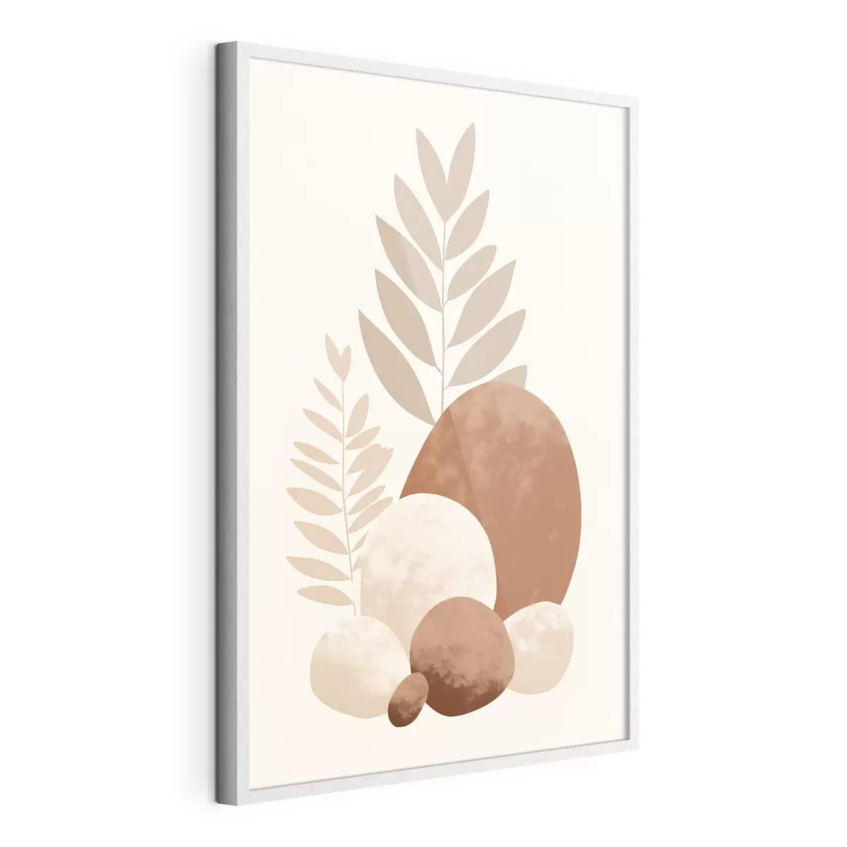 Poster Formes abstraites, pierres texturées et feuilles dans des tons pêche et terre cuite discrets, minimalistes, fond crème f47013