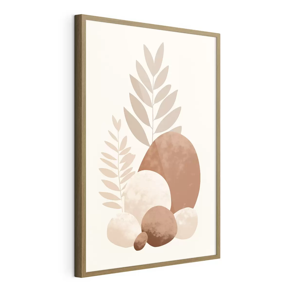 Poster Formes abstraites, pierres texturées et feuilles dans des tons pêche et terre cuite discrets, minimalistes, fond crème f47013