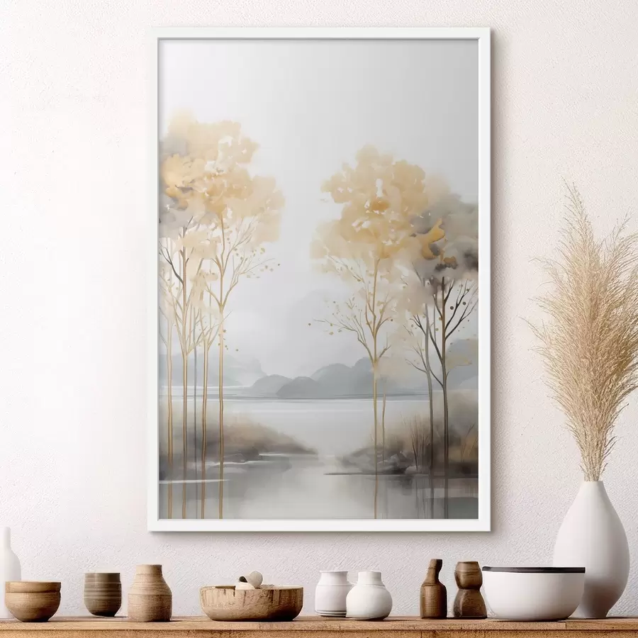 Papier peint Paysage abstrait décoratif, grands arbres aux feuilles jaunes, une rivière et du brouillard en arrière-plan f47015